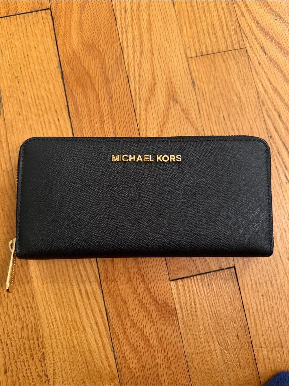 Michael Kors Black Saffiano Zip-Around Wallet with Gold Logo